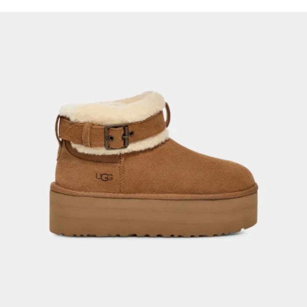 New. UGG Classic Ultra Mini Platform Belted Roller Sherpa Shearling Chestnut